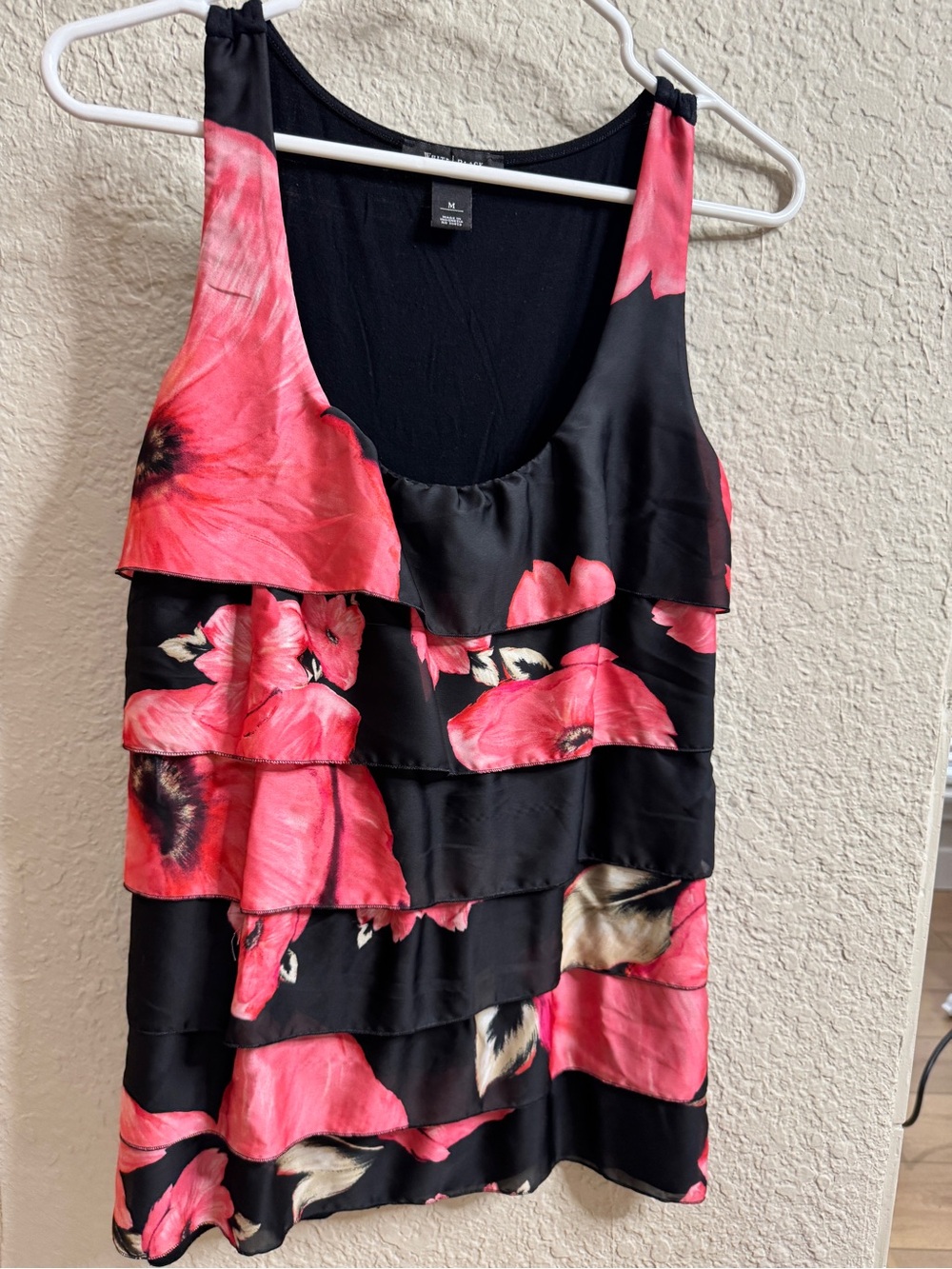 White House Black Market Black Tank with Pink Floral Ruffles